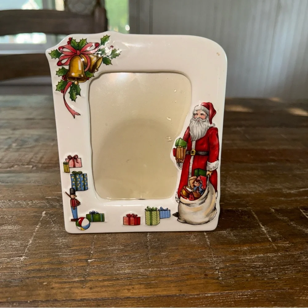 Vintage Japan Christmas Santa Photo Frame Porcelain- White with Red & Green